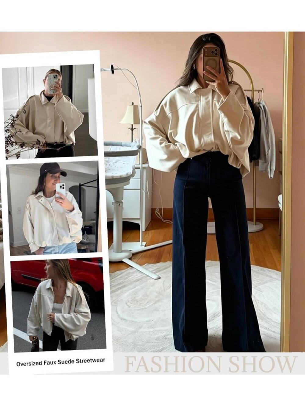 Women's Beige Faux Suede Oversized Collar Cropped Batwing Sleeves Bomber Jacket - Picture 5 of 5